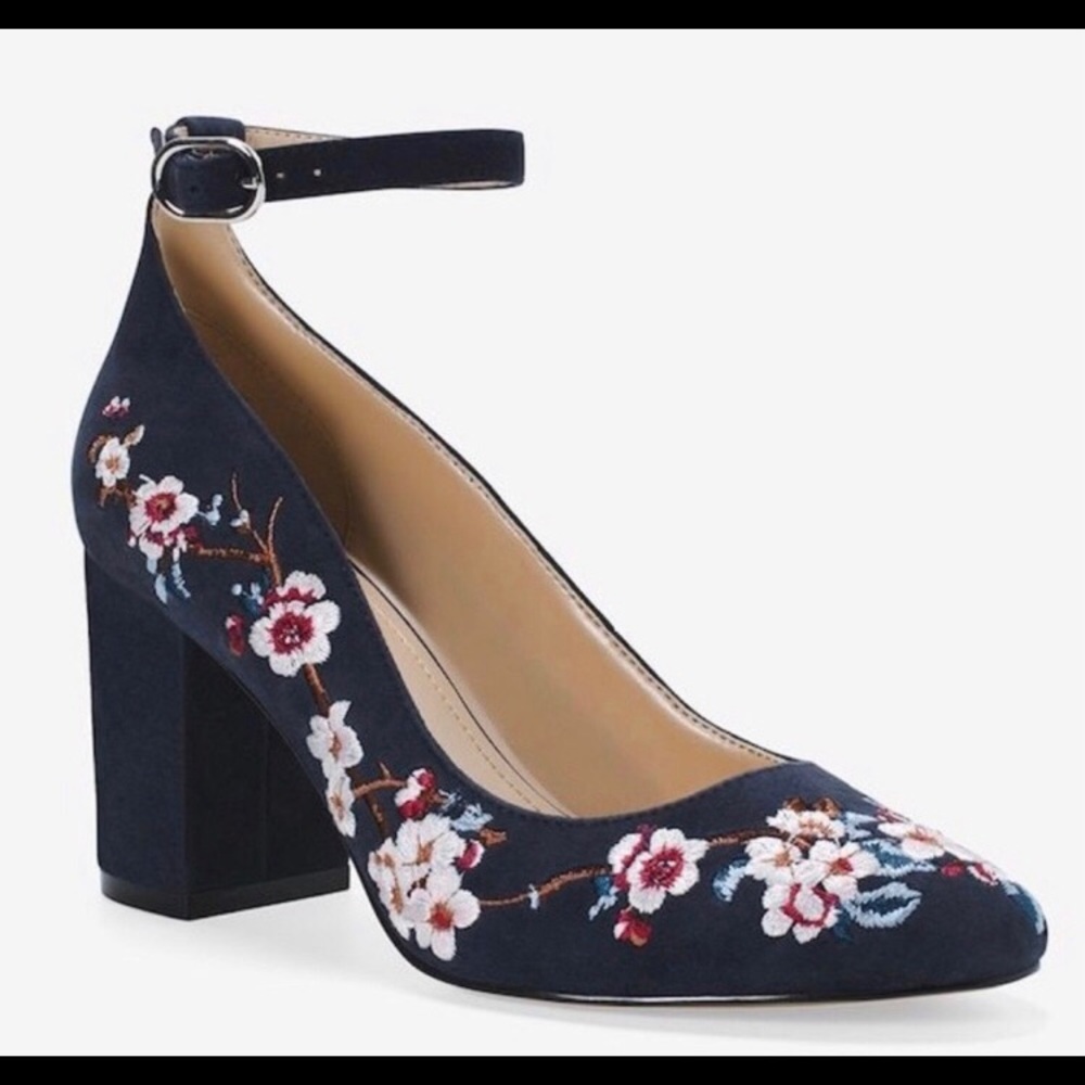 WHBM Bethany Embroidered Chunky Heels, 6.5
